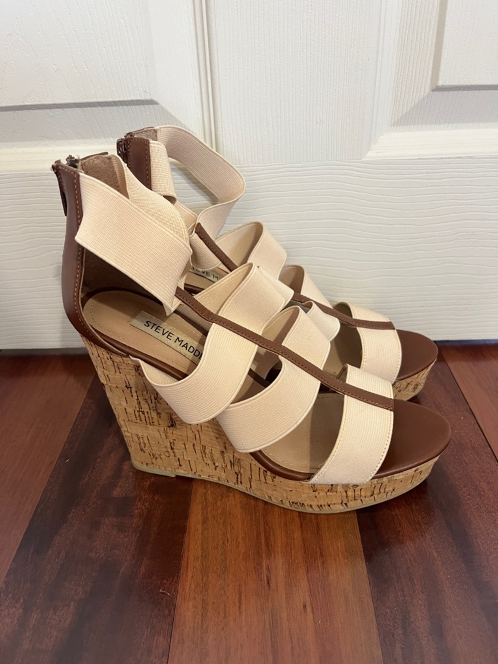 Steve Madden Cream and Brown Cork Wedge Sandals